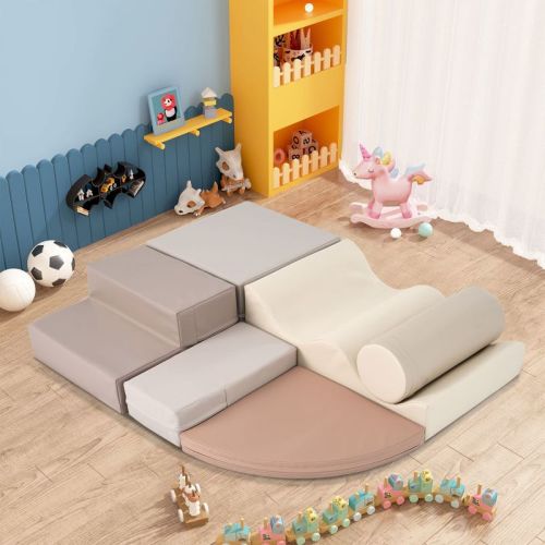 Angel Sar 6-in-1 Soft Climb & Crawl Foam Playset, EPE Foam Playground with Stairs & Mats for Toddlers, Indoor Active Play Structure for Kids