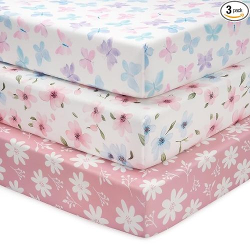 Baby Mini Crib Sheets Girl, Portable 38”x26” Pack and Play Sheets Fitted for Playard and Pack N Play Mattress, 3-Pack Soft Microfiber Pink Butterfly Flower