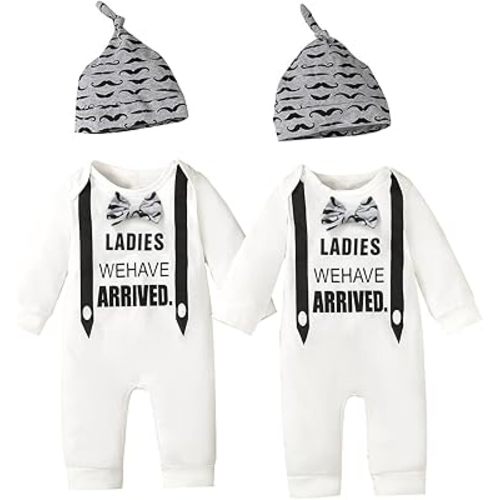 Aslaylme Baby Boy Matching Outfit Newborn Boy Twins Bodysuit Ladies We Have Arrived Romper, White-long, 0-3 Months