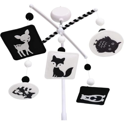 Montessori Mobile, Black and White Mobile for Baby with Music Box - Woodland Baby Crib Mobile for Boys Girls, High Contrast Baby Mobile for Crib with Bear, Deer, Fox, Owl & Raccoon