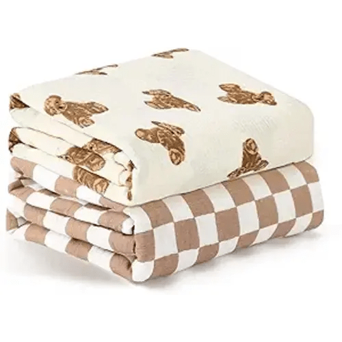 insular Muslin Swaddle Blankets for Boys Girls, 2 Pack Receiving Baby Blanket Large 47 x 47 inches, Soft Breathable Swaddling Wrap for Unisex Newborn, Teddy Bear&Checkered