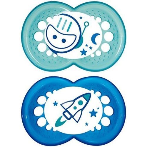 MAM Night Pacifiers (2 Pack, 1 Sterilizing Pacifier Case), MAM Pacifiers 6+ Months, Best Pacifier for Breastfed Babies, Glow in the Dark Pacifier, Baby Boy Pacifiers