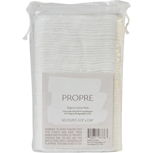 Baby XL Premium European Style 100% Organic Cotton Pads – GOTS Certified, Dry Wipes – Ultra-Thick & Lint-Free for Sensitive Skin, for Diaper Changes and Make up Removal (60ct)