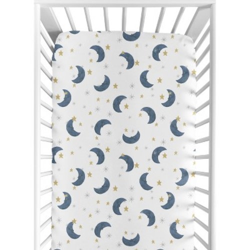 Sweet Jojo Designs Boy or Girl Gender Neutral Unisex Baby Fitted Crib Sheet Moon Bear  Blue and Gold