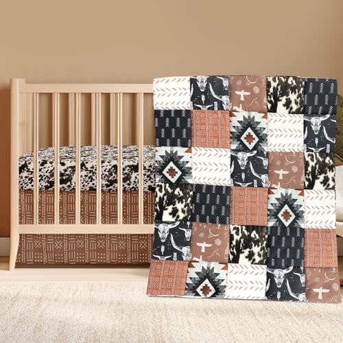 Hahafelt 3 Piece Patchwork Western Crib Bedding Set for Baby Boys | Brown Black Cowboy Aztec Print Includes Quilt Fitted Sheet and Skirt. Soft Cotton Blend, Ideal for Infant and Toddler Cribs
