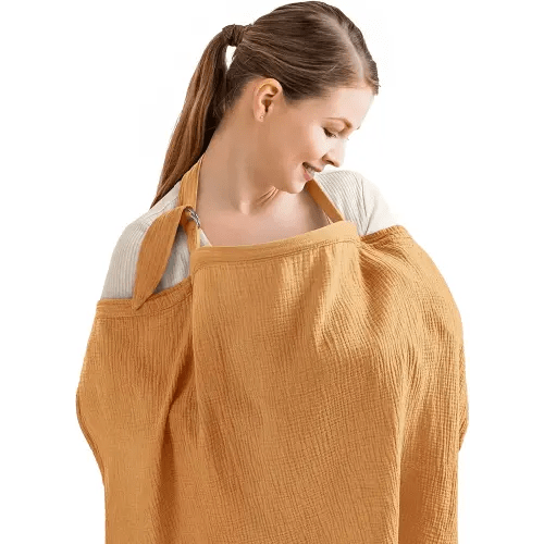 Blissful Diary Muslin Nursing Cover for Breastfeeding, Breathable Breastfeeding Cover up with Arch Neckline for Women, Nursing Apron (Retro Yellow)