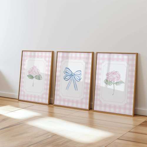 Pink Hydrangea Nursery Print Set | Blue Bow | Gingham Background | Baby Girl Room Decor | Floral Wall Art