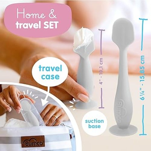 Bumco Baby Bum Brush + Mini Baby Diaper Cream Spatula with Case - BPA-Free Silicone Diaper Spatula, Mom-Invented Butt Paste Applicator (Gray & Gray)
