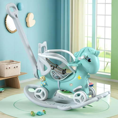 MONTARY Rocking Horse for Toddlers Balance Bike Ride-On Toy with Push Handle Backrest, Unicorn, Blue