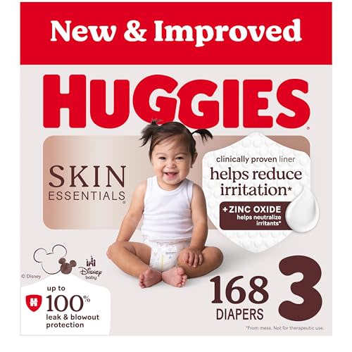 Huggies Size 3 Diapers, Skin Essentials Baby Diapers, Size 3 (16-28 lbs), 168 Count (3 Packs of 56), Packaging May Vary