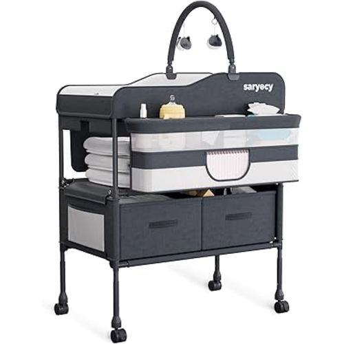 Baby Changing Table with Storage, Versatile Folding Changing Table, Baby Changing Station, Removable Wheels, 4 Adjustable Height, Waterproof, Mobile Nursery for Infant and Newborn