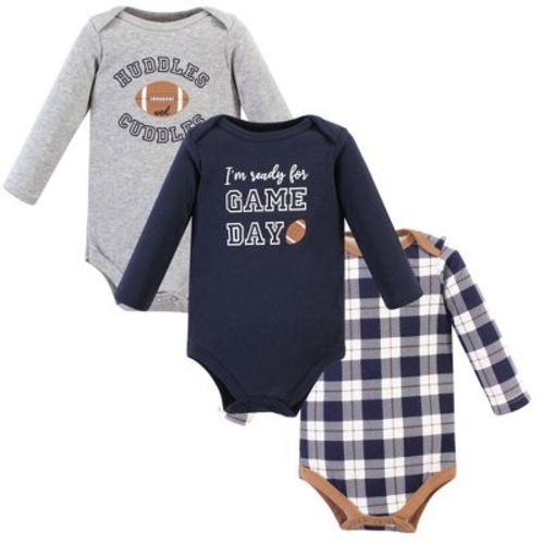 Hudson Baby Basics Infant Boys Essential Long Sleeve Bodysuits 3-Pack, Gridiron Play, Newborn