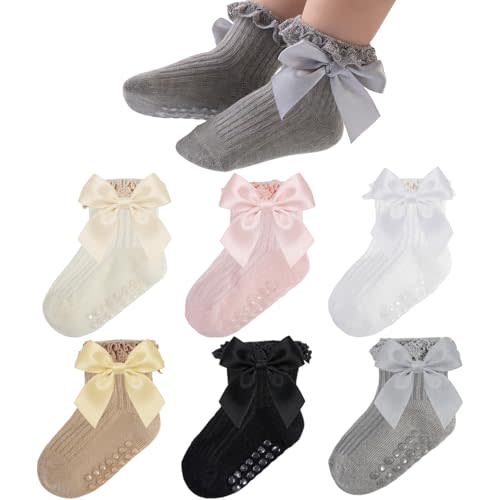 Baby Girl Non Slip Grip Socks with Bows Soft Cotton Toddler Girl Socks with Full Sole Grips Newborn Infant Toddler