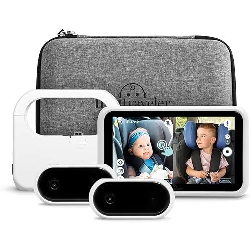 Tiny Traveler Dual View Baby Car Camera Splitscreen for 2 Kids – 5” Touchscreen Monitor with Power Bank, Rear-Facing Seat View, Night Vision, No WiFi, Safety Alert – White