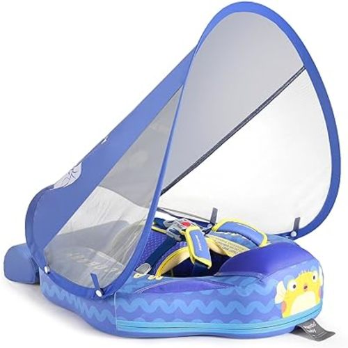 Mambobaby Float with Canopy and Tail New Upgraded Non-Inflatable Baby Pool Float Mambo Float Swim Trainer Solid Infant Swim Float Adjustable Pearl Foam Baby Swim Ring