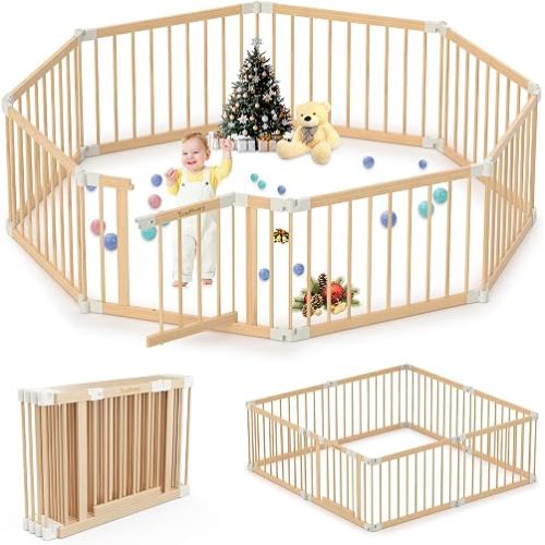 Wooden Baby Playpen Foldable Play Pen for Infants & Toddlers Portable Wood Baby Gate with Lock | 8-12 Panels Expandable & Adjustable Play Yard for Kids | 23.9 * 35.5IN (8 Panels)