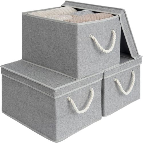 StorageWorks Storage Bins with Lids, Decorative Storage Boxes with Soft Rope Handles, Foldable Stackable Storage Baskets for Closet, Shelves, 3-Pack, Ivory and White, Jumbo
