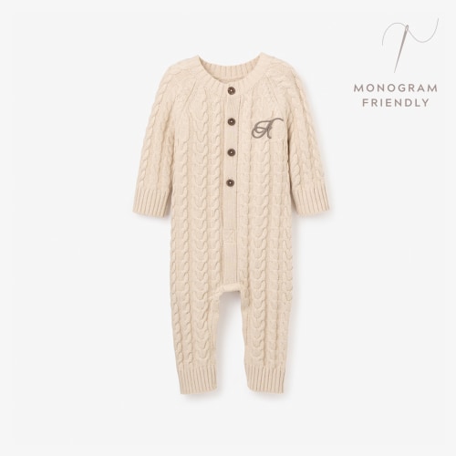 Wheat Horseshoe Cable Knit Baby Jumpsuit