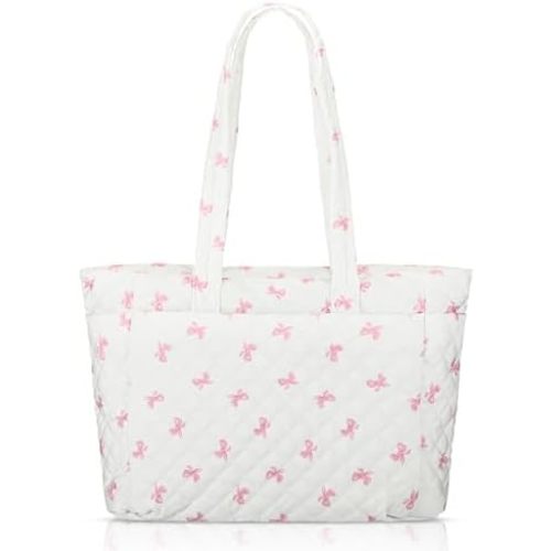 Women Blue Floral/Pink Bow Tote Bag Lightweight Puffy Tote Bag with Zipper Quilted Shoulder Handbag for Travel Work