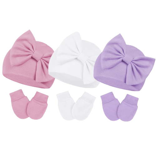 Bow Newborn Hats and Gloves Cute Winter Beanie Todder Girl with Elastic Wrist Baby Girls Mittens Infant Hat and Mitten for Newborn Boy 3 Sets for 0-6 Months