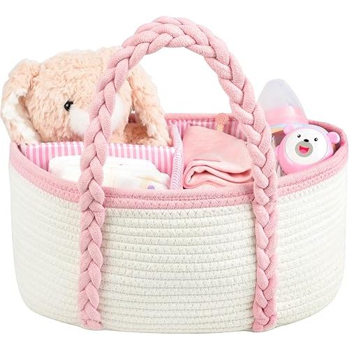 Baby Diaper Caddy, Portable Diaper Organizer for Changing Table, Car Travel Girls Shower Gifts Newborn Essentials, Cotton Rope Nursery Storage Basket for Girls (White＆Pink)