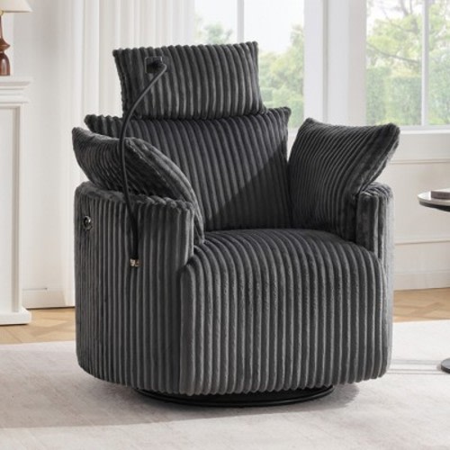 GDFStudio Cassian Modern Wood and Metal 210° Swivel Recliner Chair with Phone Holder and USB Port, Gray-Corduroy