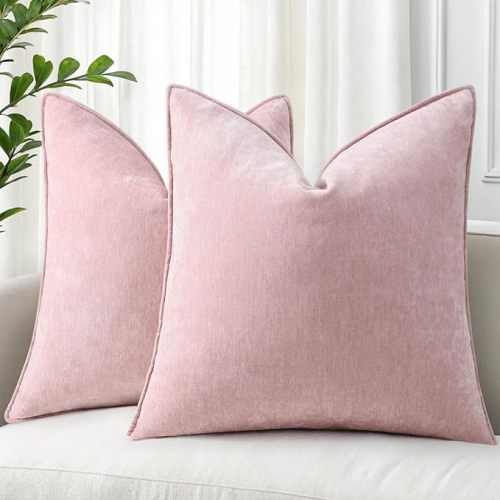 decorUhome Summer Couch Throw Pillow Covers 18x18 Set of 2, Decorative Soft Velvet Modern Cozy Chenille Pillow Cases with Elegant Design for Sofa Bed Living Room Home Decor, Blush Pink
