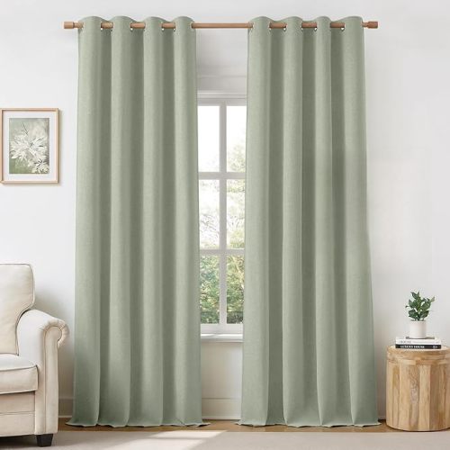 HOMEIDEAS 100% Sage Green Linen Blackout Curtains for Bedroom, 52 x 84 Inch Length 2 Panels Faux Linen Thermal Insulated Black Out Grommet Window Drapes for Living Room