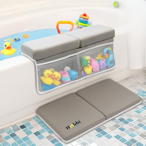 Baby Bath Kneeler and Elbow Rest Pad Set | 1.5" Thick Painless Memory Foam Knee Pad for Bathing Babies | 6 Suction Cups Non Slip Bathtub Kneeling pad with Toy Storage | Foldable & Quick Drying-Grey