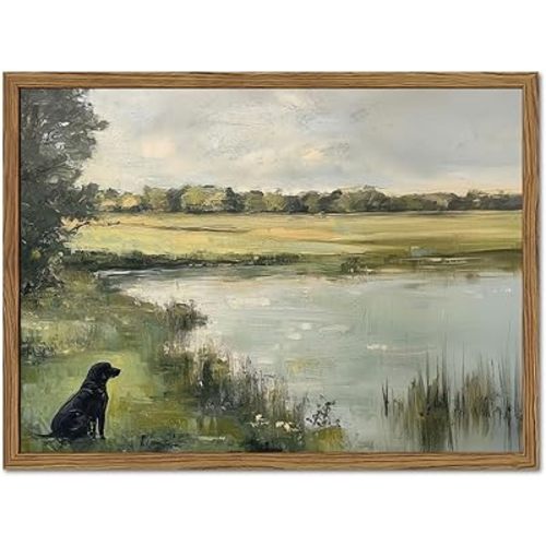 Framed Vintage Hunting Black Dog Wall Art, Rustic Country Nature Landscape Pictures Wall Decor, Farmhouse Animal Paintings Canvas Prints Aesthetic Home Decor for Living Room Bedroom 12x16 inch
