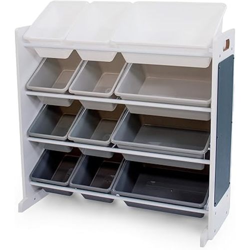 Humble Crew 12-Bin Toy Organizer – White/Grey Gradient Ombre Frame with Chalkboard, Eraser & Chalk, Multi-Tier Storage for Kids' Playrooms and Nurseries