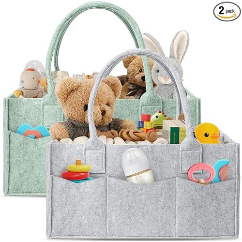 HIPHOP PANDA 2-Pack Diaper Caddy Organizer - Nursery Storage Bin & Car Organizer for Diapers, Wipes, and Baby Essentials - Dual-Color Solid Set (Grey/Green), Regular Size