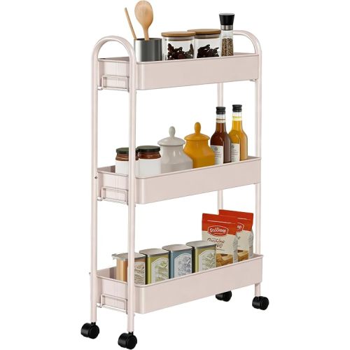 Slim Rolling Cart, Metal Frame Utility Rolling 3-Tier Narrow Storage Cart