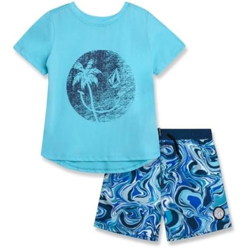 Volcom Baby Boys Swim Set - 2 Piece Short Sleeve Swim Shirt Graphic Tees & Board Shorts, Infant Toddler Little Boys Swimsuit