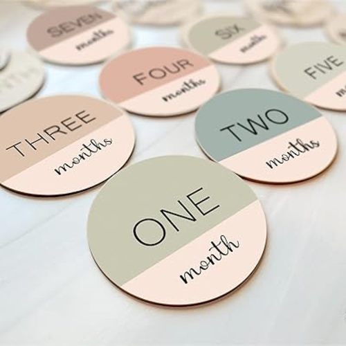 Monthly Baby Milestone Wooden Circles – 6-Pack Double-Sided Printed Milestone Signs with Warm Tones & Wood Color, Ideal for Newborn Photography Props (Earth tone)