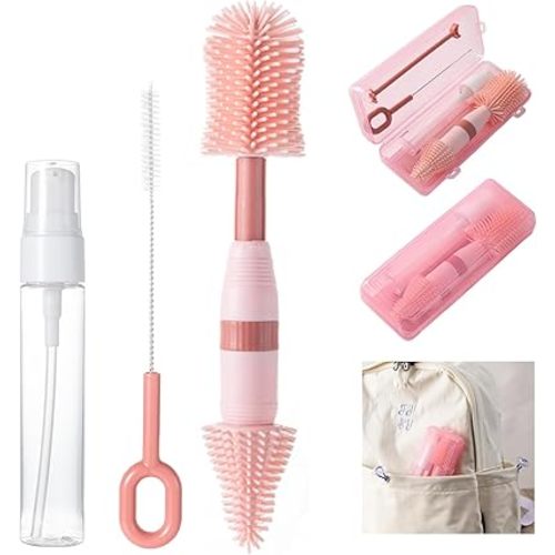 Travel Bottle Brush, 6-in-1 Portable Travel Bottle Cleaner Kit with Small Bottle Brush Built in Drying Rack, Nipple Brush, Straw Brush, Soap Dispenser, for Baby Bottles Under 8 OZ, BPA-Free(Pink)