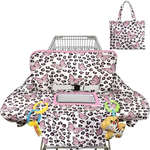 Shopping Cart Cover for Baby 2-in-1 High Chair Cover with Safety Harness Multifunctional Pink Butterfly Leopard Cart Covers for Babies Soft Padded Grocery Cart Cover for Baby Boy Girl