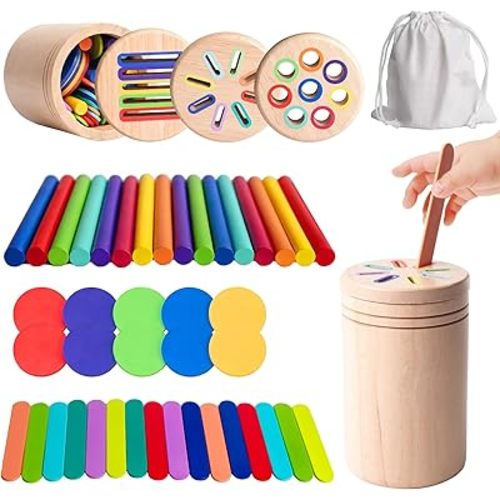 Wooden Montessori Baby Toddler Toys, 3 in 1 Educational Sensory Color Sorting Toys for Toddlers 1-3, Educational Color Sorting Fidget Sensory Toys