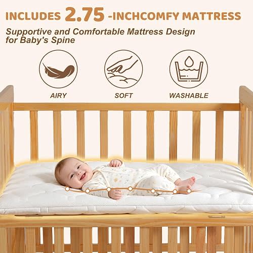 Wood Baby Bassinets Bedside Sleeper, Mini Crib with Storage Basket&Mattress