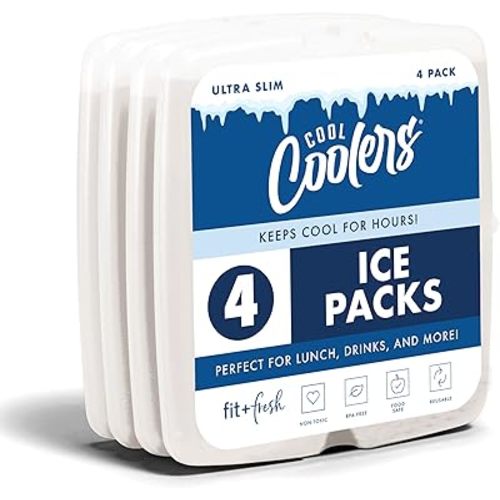 Cool Coolers by Fit & Fresh Slim Ice Packs, Quick Freeze Reusable Ice Packs for Lunch Boxes & Coolers, Long-Lasting, Space Saving Lunch Ice Packs, Ivory, 4Pk