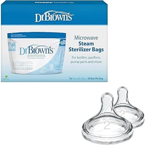 Dr. Brown's Microwave Steam Sterilizer Bags for Baby Bottles, Pacifiers, Pump Parts and Accessories, 5-Pack + Dr. Brown's Natural Flow Level 2 Wide-Neck Baby Bottle Silicone Nipple, 2 Count