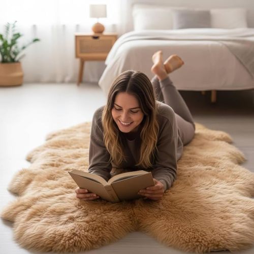 Large Sheepskin Rug for Living Room - 4x6 Light Brown Sheep Skin Rug for Bed Room - Multi Use As a Yoga Mat - All Natural Sheep Fur