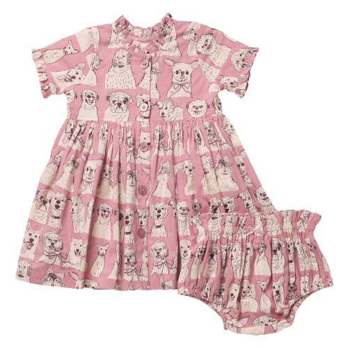 Baby Girls Autumn Dress Set - Pink Sketched Dogs – Pink Chicken