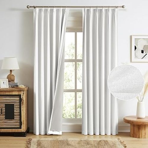 MAIHER Full Blackout Extra Long Curtain 132 Inches Long Pinch Pleat Back Tab Linen Curtains 11ft Length Double Pleated Drapes for 2 Story Living Room, Greyish White, W40 x L132, 2 Panles