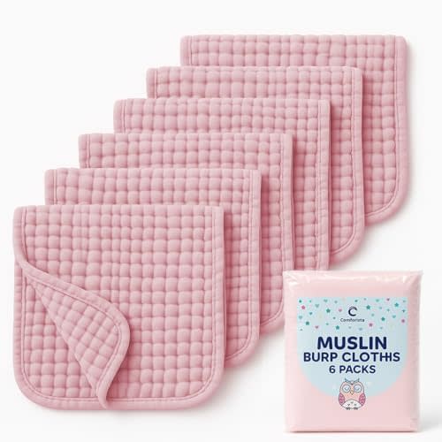 Comforista Pink Muslin Burp Cloths Set of 6, Baby Boy Essentials 6 Layer Super Absorbent, Soft & Gentle Muslin Washcloths Baby, Large Size 20"x10" Burp Clothes