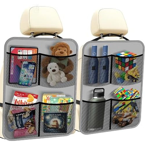 2 Pack Back Seat Cover for Kids + 4 Pocket Storage Organizer,Car Kick Mats Backseat Protector, Car Seat Back Protectors Backseat Organizer for Vehicles-Grey