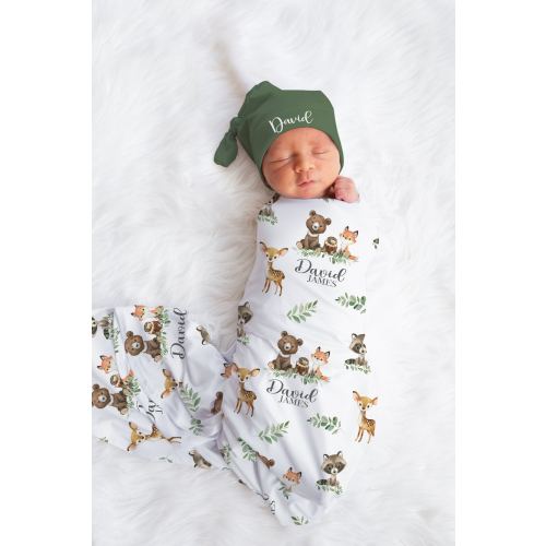Woodland Swaddle set -Personalized Baby Boy Blanket Hat Set -Woodland Baby Shower Gift  -Forest Animal Blanket -Hospital Home Outfit -S568