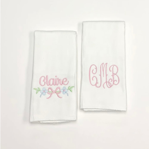 Pink Name with Floral Bow Accent and Initials Burp Cloth Set – Queen of Threads Monogramming