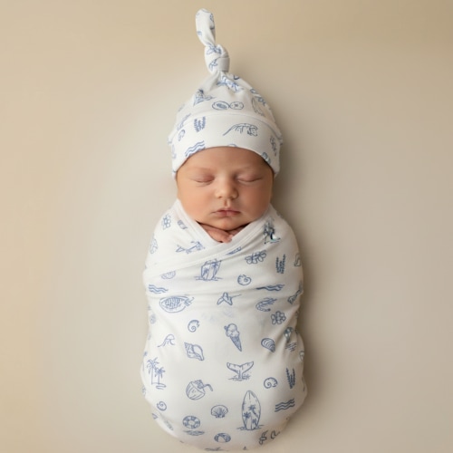 Organic Swaddle Blanket & Hat Set - Coastal