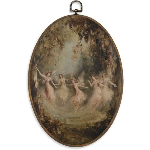 XBBMGG Vintage Forest Fairy Wall Art Decor, Moody Cottagecore Oval Wall Hanging Decor, Dark Academia Fairy Dancing Framed Canvas Prints for Living Room Bedroom Bathroom Decorations, 8.6x11.4 inch